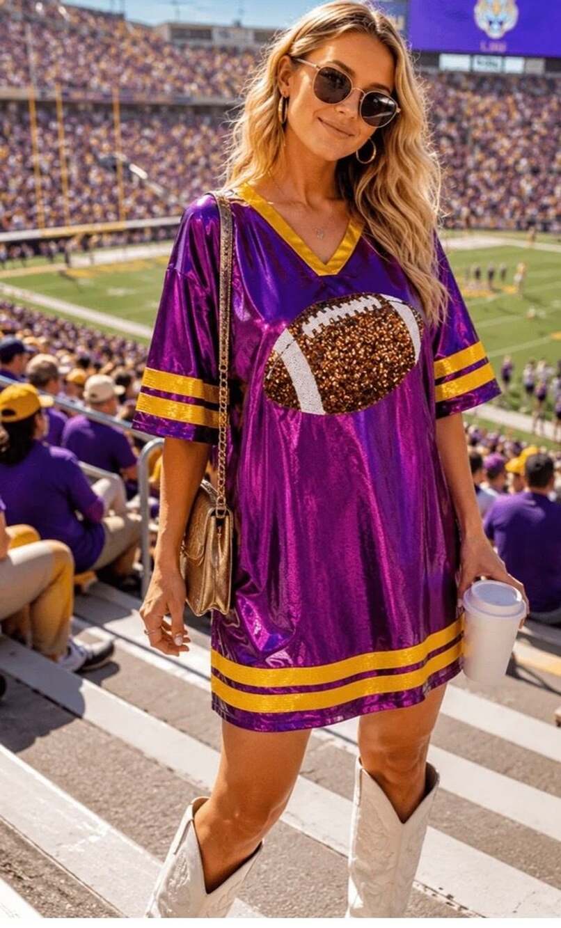 First Down Gameday Football Sequin Jersey Dress in Purple